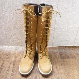 Timberland Camel Color Genuine Leather Hand Made Lace Up Over Mid Calf Tall Boot
